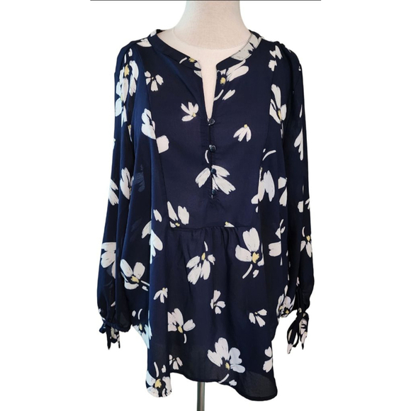 Liz Claiborne Tops - Liz Claiborne XL Navy Blue Floral Blouse Long Sleeve Tie Cuffs Button Front Boho
